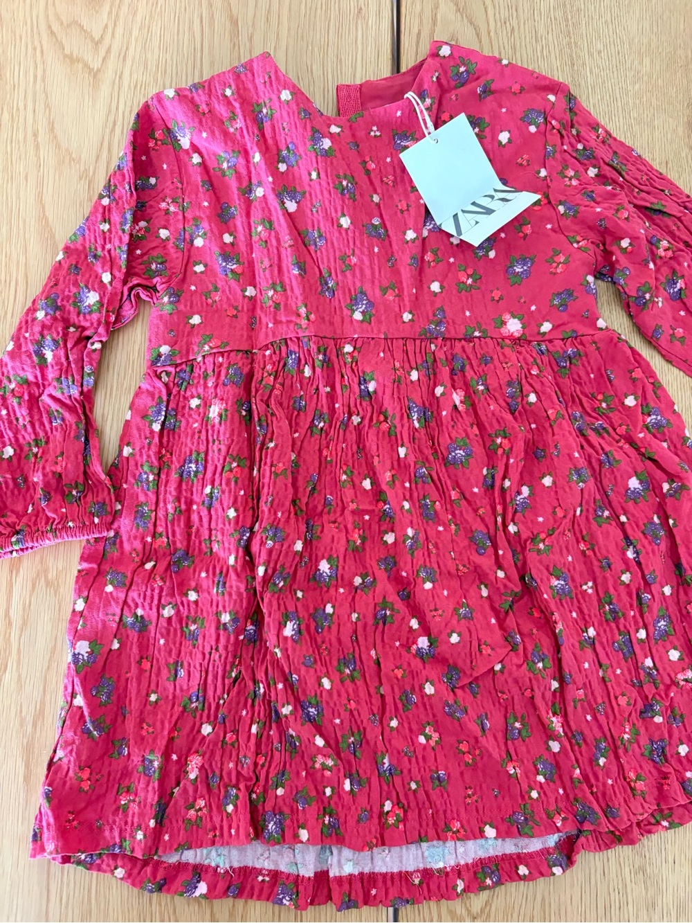 Zara Red Floral Crinkled Long-Sleeve Dress